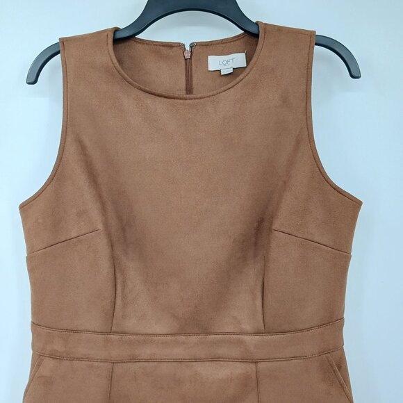 Loft Brown Sleeveless Faux Suede Sheath Dress Size 10 With Pockets - Picture 3 of 13